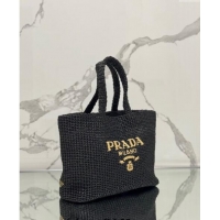 Luxury Discount Prada Large Crochet Raffia-effect Tote Bag 1BG392 Black 2024