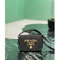 Buy New Cheap Prada Crochet and leather shoulder bag 1BD362 Black 2024