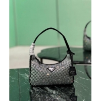 Luxury Cheap Prada Re-Edition 2000 Strass Mini Hobo Bag 1NE515 Black 2024