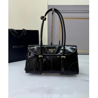 Top Design Prada Medium shiny leather shoulder bag 1BD376 black 2024