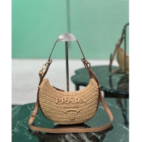 Good Looking Prada Arque crochet Raffia-effect hobo shoulder bag 1BC194 Beige 2024