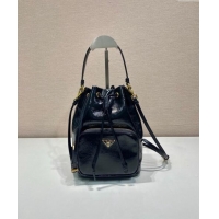 Well Crafted Prada Shiny Leather bucket bag 1BH038 Black 2024