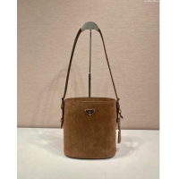 Luxury Cheap Prada Suede mini bucket bag 1BE078 Cinnamon Brown 2024