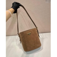 Luxury Cheap Prada Suede mini bucket bag 1BE078 Cinnamon Brown 2024