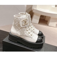 Pretty Style Chanel Quilted Calfskin Lace-up Platform Ankle Boots White 909044