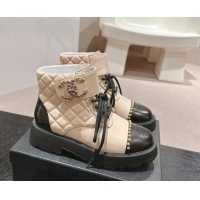 Best Grade Chanel Quilted Calfskin Lace-up Platform Ankle Boots with Studs Beige 909047