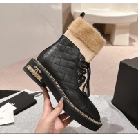 Grade Quality Chanel Quilted Calfskin & Knit Lace-up Ankle Boots with Logo Stud Black/Beige 909050