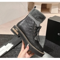 Low Price Chanel Quilted Calfskin & Knit Lace-up Ankle Boots with Logo Stud Black/Grey 909051