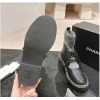 Low Price Chanel Quilted Calfskin & Knit Lace-up Ankle Boots with Logo Stud Black/Grey 909051