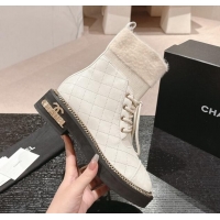 Luxurious Chanel Quilted Calfskin & Knit Lace-up Ankle Boots with Logo Stud White Upper 909052