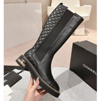 Unique Style Chanel Calfskin Leather & Elastic High Boots with Logo Stud and Chain Black 909053