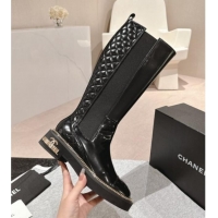 Best Product Chanel Patent Calfskin & Elastic High Boots with Logo Stud and Chain Black 909054