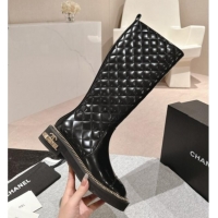 Good Looking Chanel Quilted Patent Calfskin High Boots with Logo Stud and Chain Black 909055