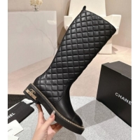 Classic Hot Chanel Quilted Calfskin Leather High Boots with Logo Stud and Chain Black 909056