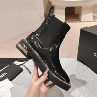 Most Popular Chanel Patent Calfskin & Elastic Ankle Boots with Logo Stud and Chain Black 909058