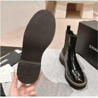 Most Popular Chanel Patent Calfskin & Elastic Ankle Boots with Logo Stud and Chain Black 909058