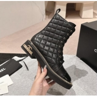 Cheap Chanel Quilted Calfskin lace-up Ankle Boots with Logo Stud and Chain Black 0909061