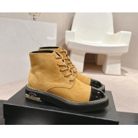 Good Quality Chanel Suede Lace-up Ankle Boots with Logo Stud and Chain Yellow 909064