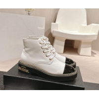 Luxury Discount Chanel Smooth Calfskin Lace-up Ankle Boots with Logo Stud and Chain White 909066