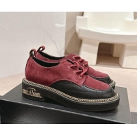 Good Looking Chanel Suede & Calfskin Lace-up Shoes with Logo Stud and Chain Burgundy 909067