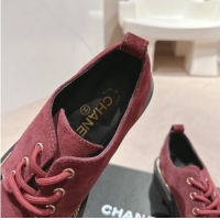 Good Looking Chanel Suede & Calfskin Lace-up Shoes with Logo Stud and Chain Burgundy 909067