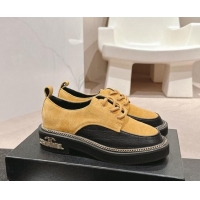 Best Grade Chanel Suede & Calfskin Lace-up Shoes with Logo Stud and Chain Yellow 909068