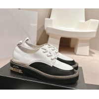 Popular Style Chanel Quilted & Calfskin Lace-up Shoes with Logo Stud and Chain White 909070