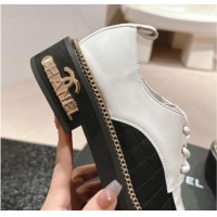 Popular Style Chanel Quilted & Calfskin Lace-up Shoes with Logo Stud and Chain White 909070