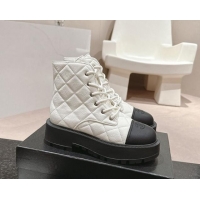 Good Quality Chanel Quilted Aged Calfskin Lace-up Platform Ankle Boots White 909073