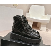 Shop Duplicate Chanel Patent Quilted Calfskin Lace-up Platform Ankle Boots Black 909074