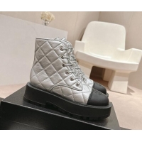 Best Product Chanel Quilted Aged Calfskin Lace-up Platform Ankle Boots Silver 909075