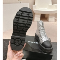 Best Product Chanel Quilted Aged Calfskin Lace-up Platform Ankle Boots Silver 909075