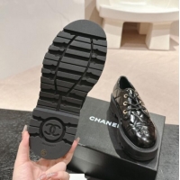 Good Product Chanel Quilted Patent Calfskin Lace-up Shoes Black 909078