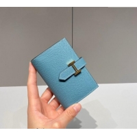 Top Quality Hermes Bearn Epsom Leather Mini Wallet H092405 Denim Blue/Gold 2024