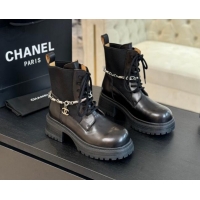 Sumptuous Chanel Bleached Calfskin Lace-up Ankle Boots with CC Chain Charm Black 909080