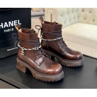 Stylish Chanel Bleached Calfskin Lace-up Ankle Boots with CC Chain Charm Dark Brown 909081