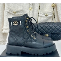 Luxury Chanel Quilted Calfskin Lace-up Platform Ankle Boots with Pearls CC Patch Black 909090