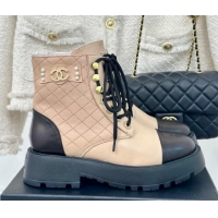 Charming Chanel Quilted Calfskin Lace-up Platform Ankle Boots with Pearls CC Patch Beige 909091