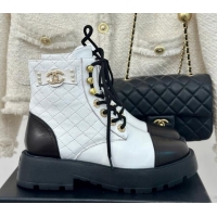 Fashion Chanel Quilted Calfskin Lace-up Platform Ankle Boots with Pearls CC Patch White 909092