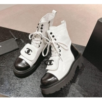 Best Price Chanel Shiny Calfskin Lace-up Platform Ankle Boots with Pocket White 909093