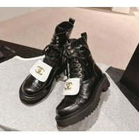 Good Product Chanel Shiny Calfskin Lace-up Platform Ankle Boots with Pocket Black/White 909094