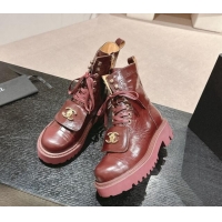 Hot Style Chanel Shiny Calfskin Lace-up Platform Ankle Boots with Pocket Burgundy 909095