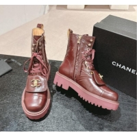 Hot Style Chanel Shiny Calfskin Lace-up Platform Ankle Boots with Pocket Burgundy 909095