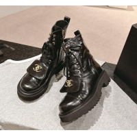 Most Popular Chanel Shiny Calfskin Lace-up Platform Ankle Boots with Pocket Black 909096