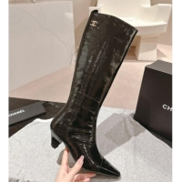 Sumptuous Chanel Patent Calfskin Heel Pointed High Boots Blac 909103