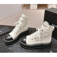 Hot Style Chanel Calfskin Leather Lace-up Platform Ankle Boots White 909105