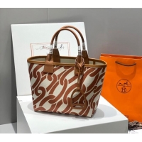 Well Crafted Hermes Steeple Tote Bag 28cm in Printed Canvas and Calfskin H5019 Brown 2024 (Half Handmade)