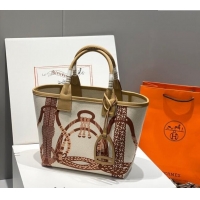 Top Grade Hermes Steeple Tote Bag 28cm in Printed Canvas and Calfskin H5019 Beige 2024 (Half Handmade)