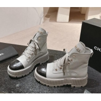 Pretty Style Chanel Calfskin Leather Lace-up Platform Ankle Boots Grey 909106