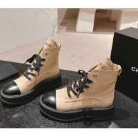 Sumptuous Chanel Calfskin Leather Lace-up Platform Ankle Boots Beige 909107